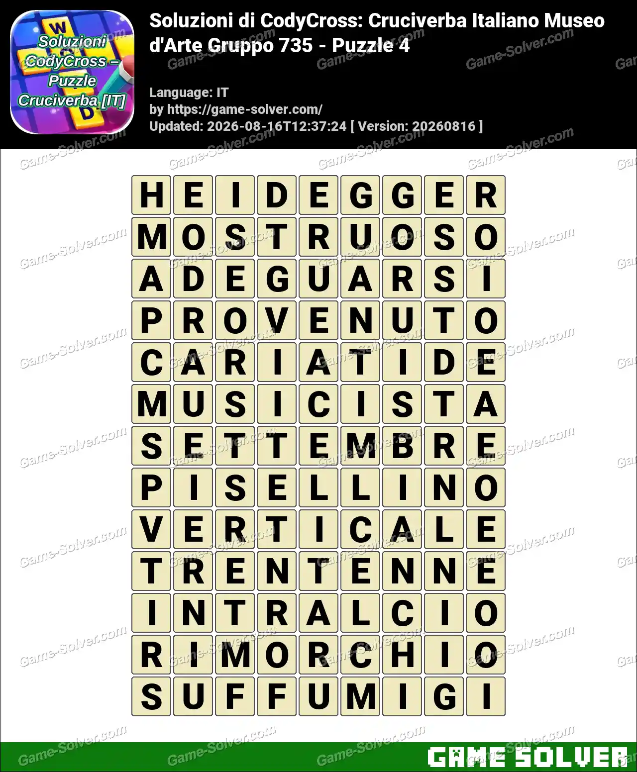 Soluzioni di CodyCross: Cruciverba Italiano Museo d’Arte Gruppo 735 – Puzzle 4